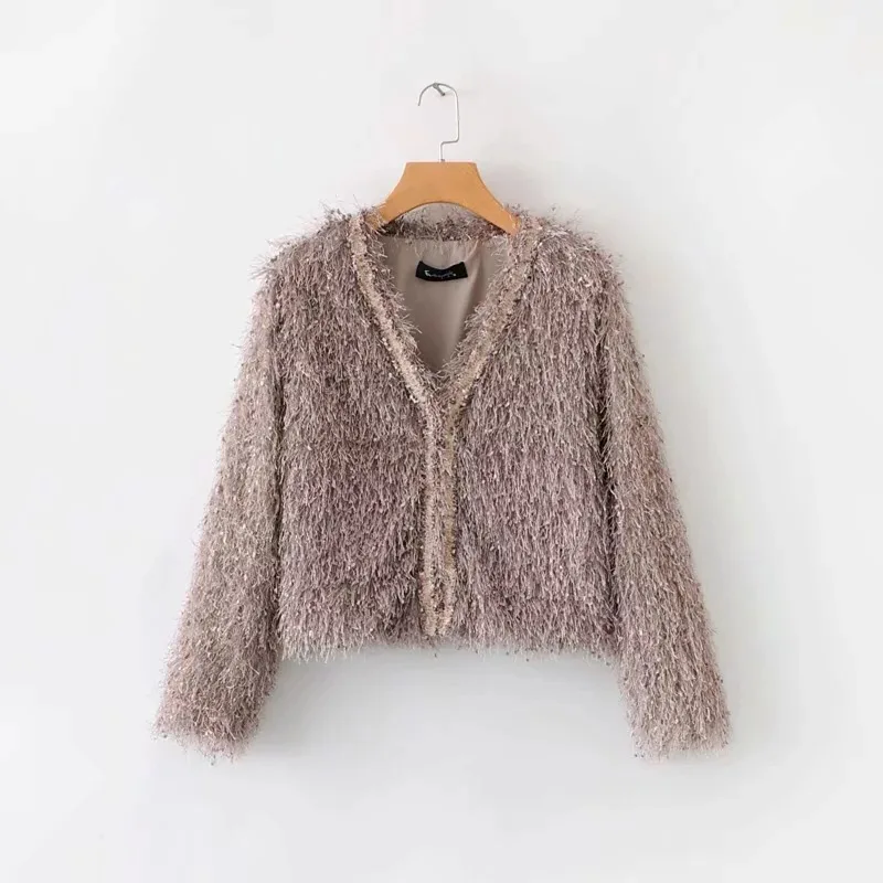 Модные женские туфли с роговыми пуговицами с v-образным вырезом куртка с кисточками Повседневное крутые женские осень-зима короткие вязаная куртка пальто