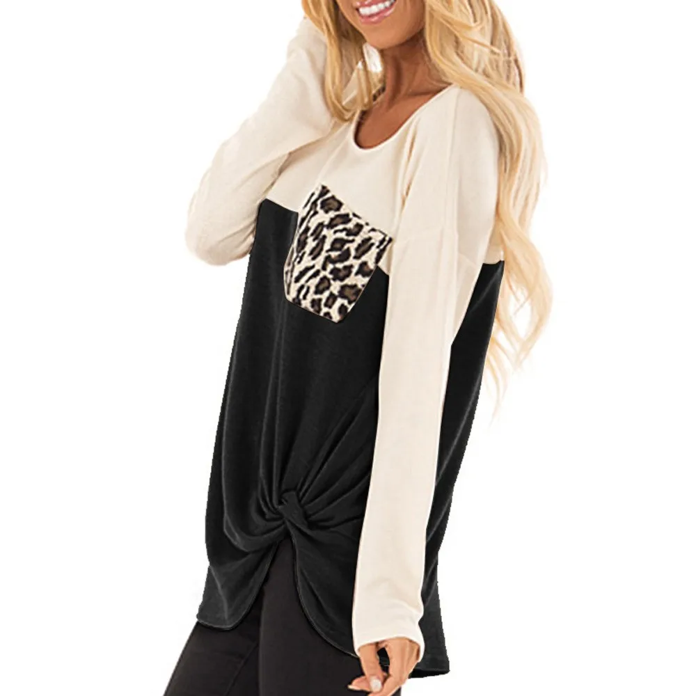 Женская приталенная леопардовая футболка с карманами, Топ s, футболка с длинным рукавом, женская рубашка с длинным рукавом, Женская мода