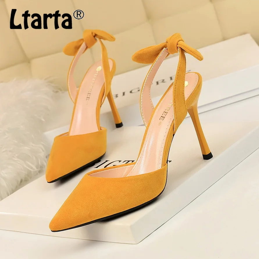 

LTARTA Stiletto Super High Heel Suede Shallow Mouth Pointed Hollowed Out with Small Bow Female Sandals Thin Heels DS-2136-3