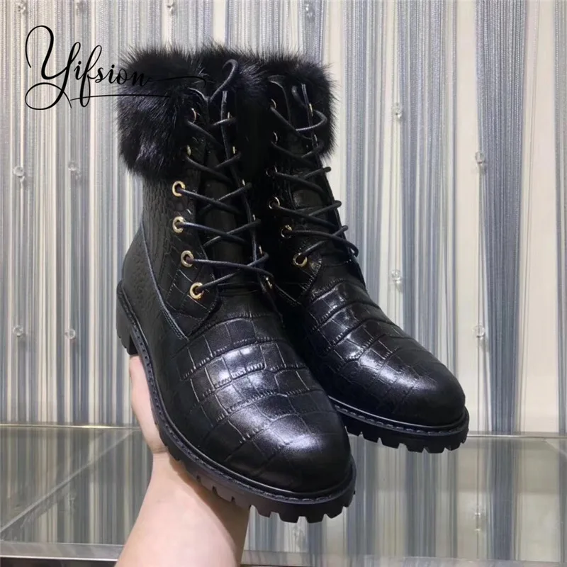 

YIFSION New Fashion Black Genuine Leather Women Ankle Boots Round Toe Cross Tied Thick Low Heel Women Warm Boots Shoes Woman