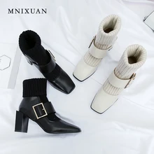 MNIXUAN/женские кожаные сапоги до середины икры на каблуке; коллекция года; Сезон Зима; сапоги из воловьей кожи в стиле ретро с квадратным носком и вязаным ремешком и пряжкой на высоком каблуке; Цвет Черный; большие размеры