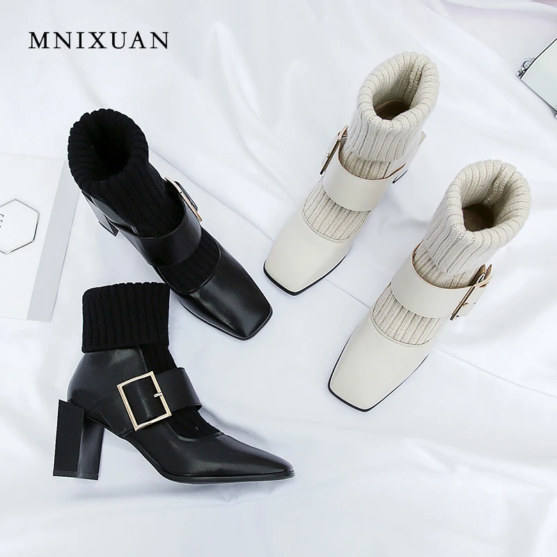 MNIXUAN/женские кожаные сапоги до середины икры на каблуке Коллекция 2018 года Зимние