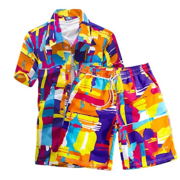 Мужские пляжные шорты и рубашка, летние пляжные шорты, Бермуды для плавания, серфинга, быстросохнущие шорты для плавания, спортивный костюм zwembroek heren - Цвет: Orange Set