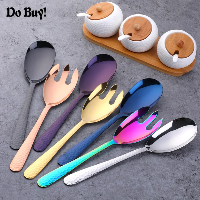 

Kitchen Stainless Steel Spoon Set 12inch Large Salad Dinner Serving Spoons Colorful Server Fork Spoon Metal Utensils Tableware