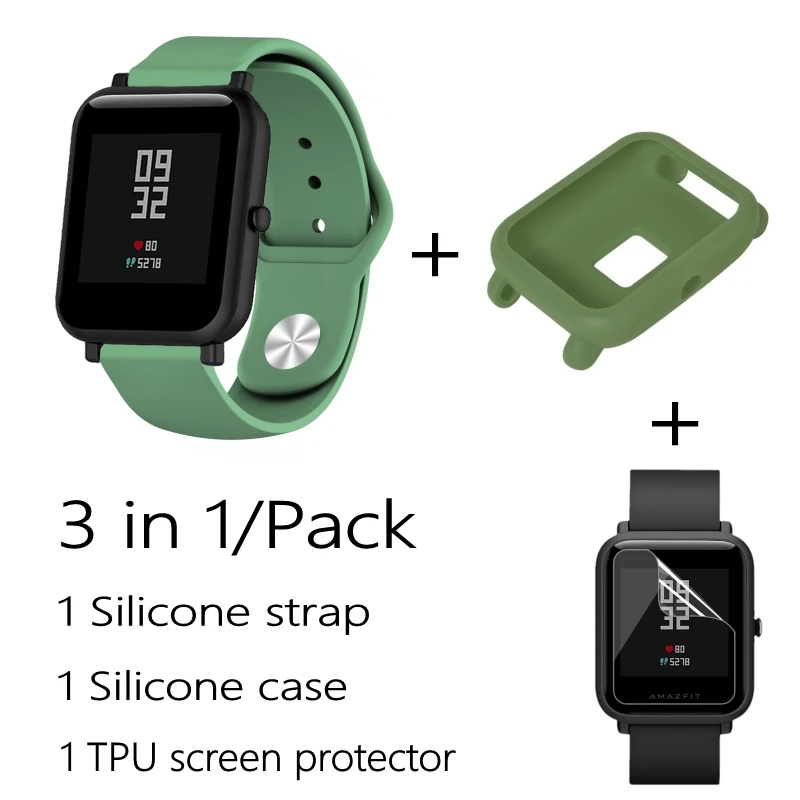 3в1/упаковка силиконовый мягкий ремешок для Xiaomi Huami Amazfit Bip BIT Молодежные часы браслет резиновый Amazfit bip чехол Крышка - Цвет: Army Green