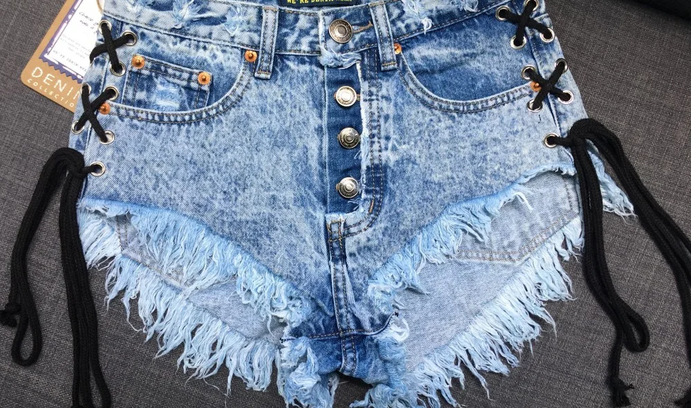 2017 Europe and the United States women's high waist open-style quilts Slim wear fringed snowflakes double banded ladies denim shorts (13)