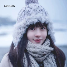 В Корейском стиле; Новая модная женская обувь на сезон осень-зима; теплая вязальная шерсть шляпа с меховыми помпонами для самую холодную зиму ухо с заячьими ушками на капюшоне, шляпа