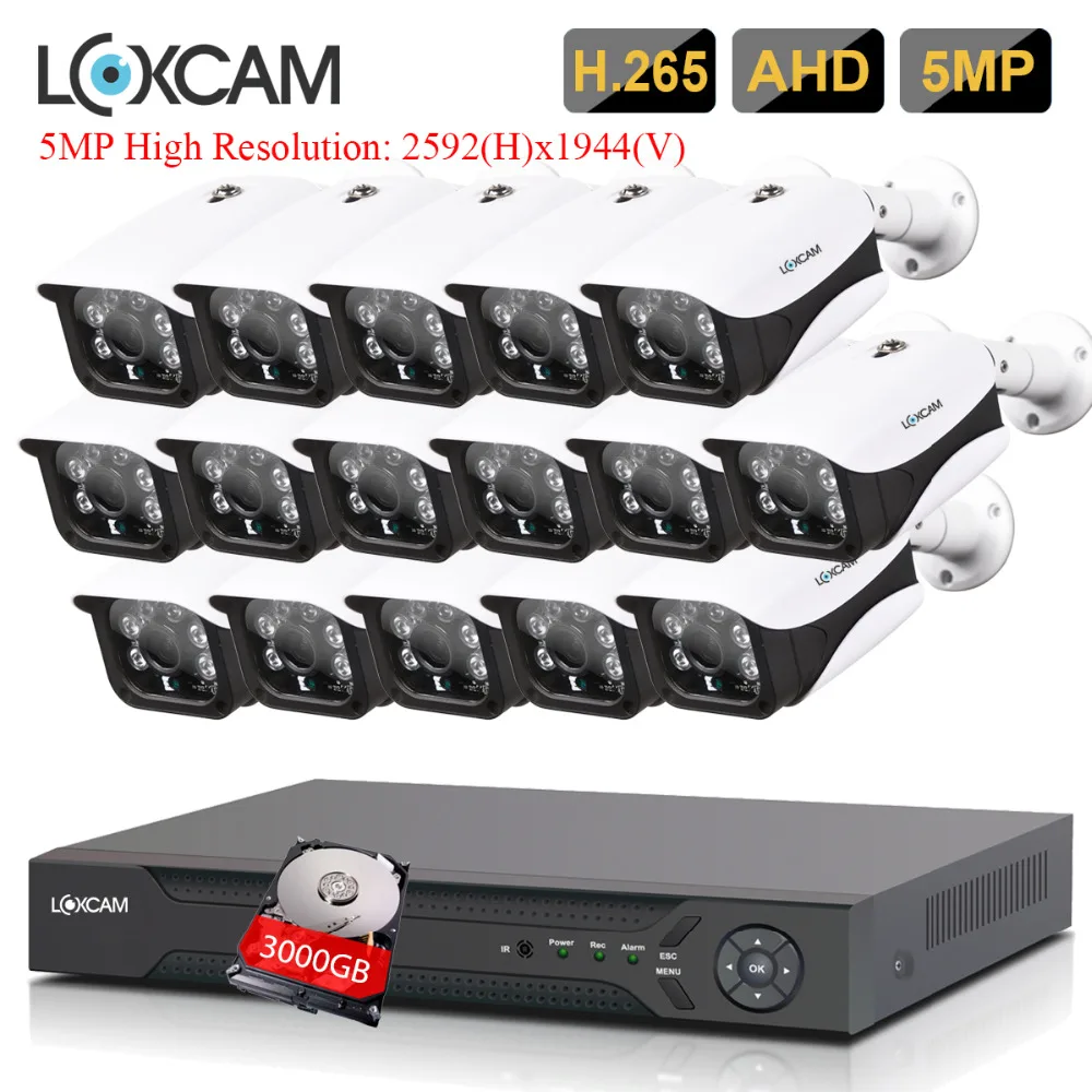 

LOXCAM H.265+ 5MP Ultra HD 16CH 5MP Security camera System IP66 Outdoor Waterproof Night Vision Video surveillance Camera kit 4T