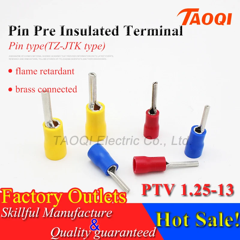 

1000pcs/pack PTV1.25-13 Pin shape Pre Insulated Terminal Cable Wire Connectors Electrical Crimp Terminals Cold pressed Terminals