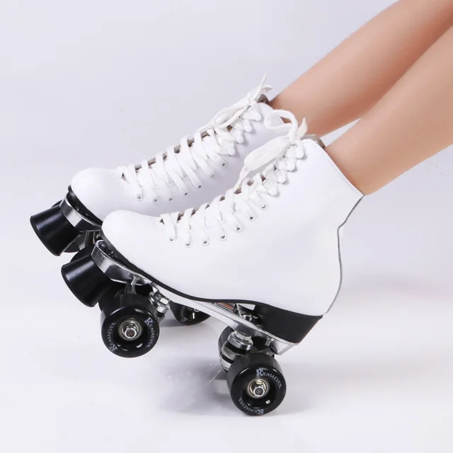 Double Roller Skates Genuine Leather With PU Wheels Metal Base Two Side ...