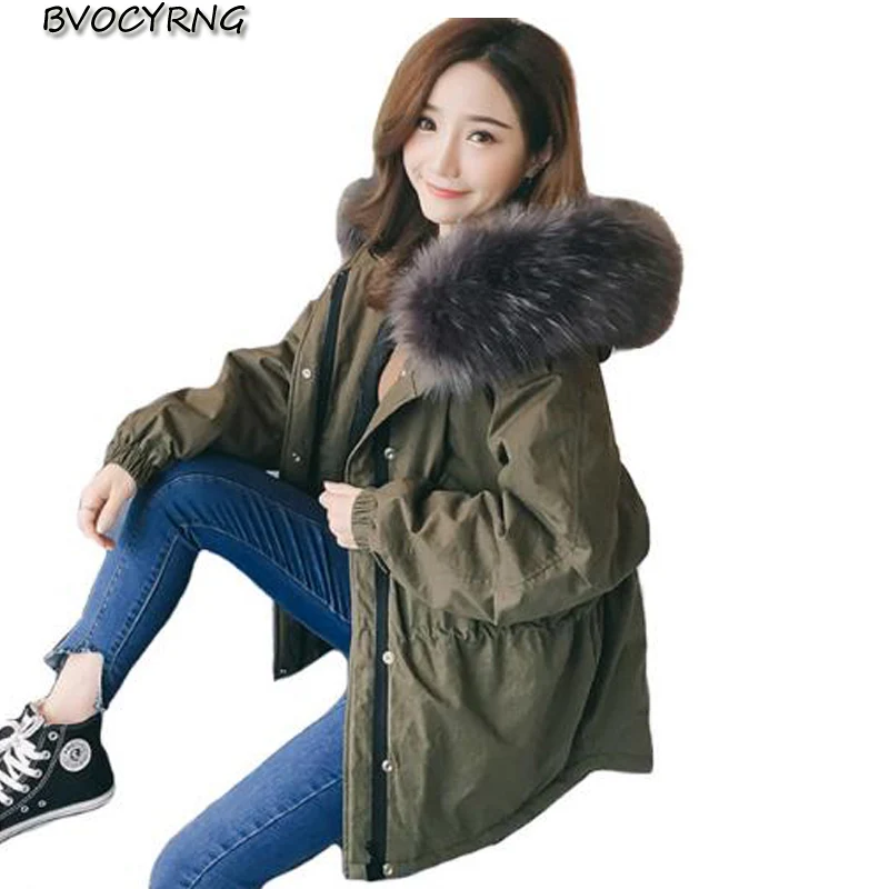 

2018 New fashion Korea style women winter jacket short loose big fur with hood womens coat solid overcoat female parka Tops