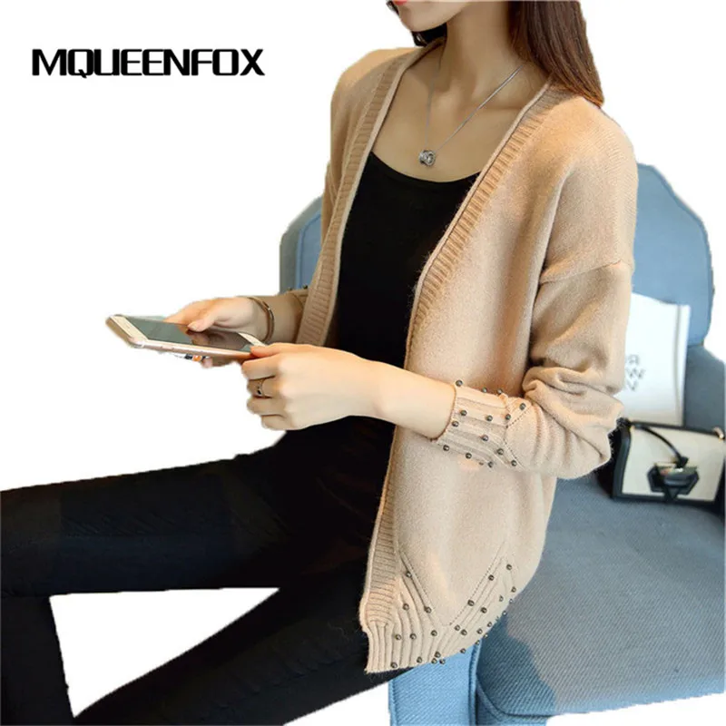 Mqueenfox осень-зима новых женщин сплошной цвет вязаный свитер Свободные бисера женские короткие раздел свитер, куртка