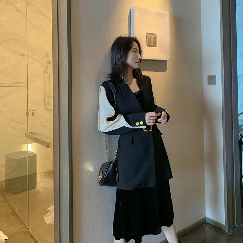 Runway Designer Trendy Chic Womens Blazer Belted Black Patchwork Metal Gold Button Fashion OL Ladies Jacket Coat Outwear