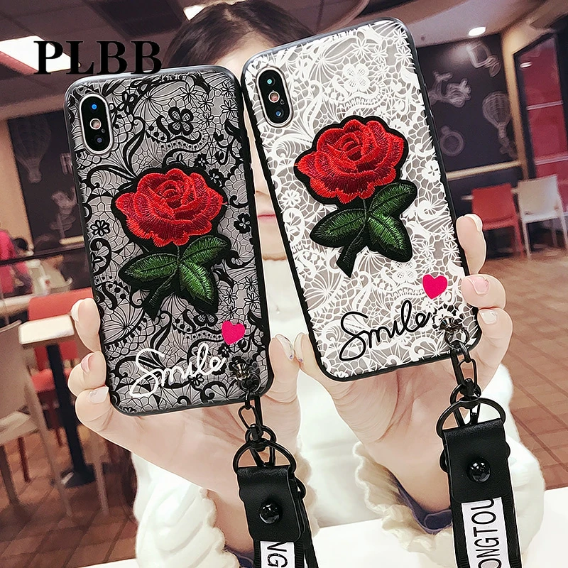 

PLBB Fashion Girls Cover Case For iPhone 6 6S Plus 7 8 Plus X DIY Letter Lace Rose Flower Hand Band Pattern Hard PC Phone Cases