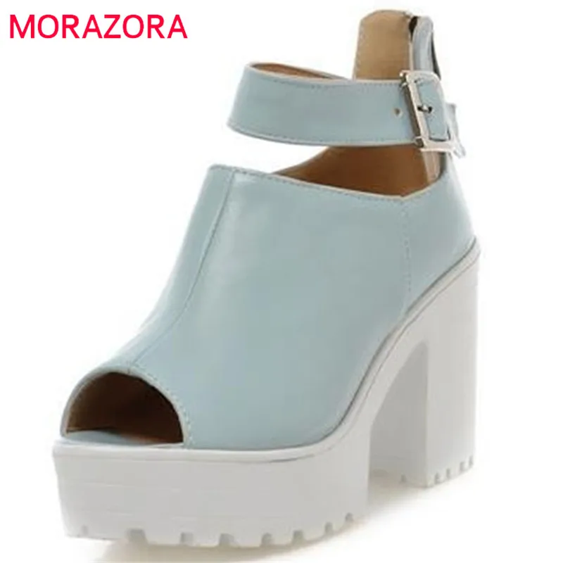 MORAZORA Fashion peep toe thick heel platform shoes women sandals sexy white pink blue high heels sandals ladies wedding shoes