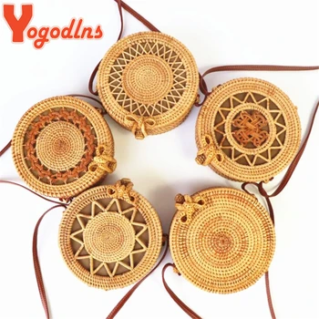 

Yogodlns Round Straw Women Bag Summer Small Rattan Bag Ladies Woven Beach Crossbody Bags Circle Bohemia Handbag Bali Multi-style