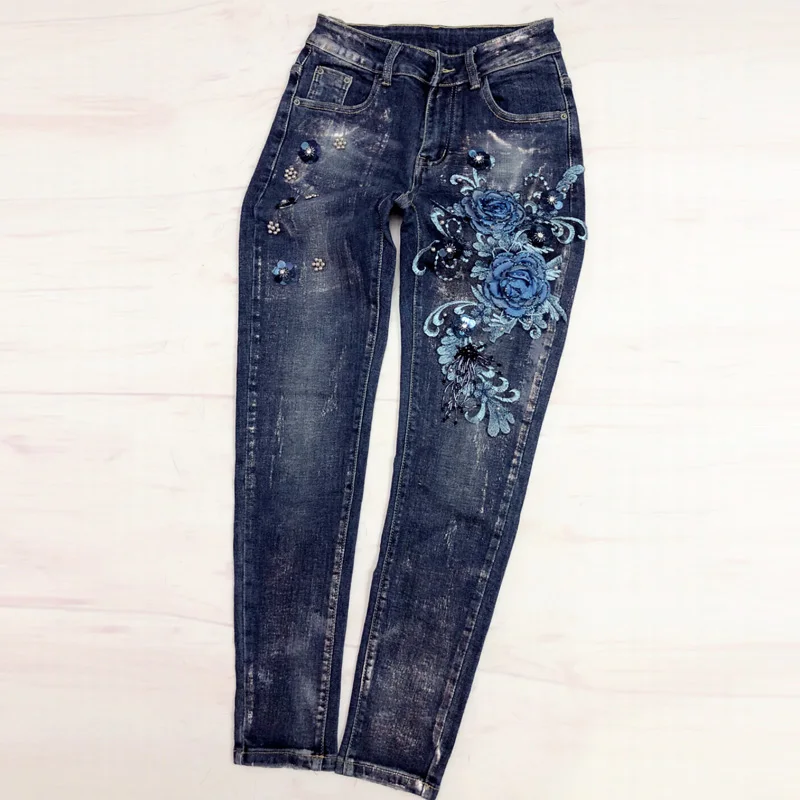 Pantalones Tamaño De A508 Mediados Lápiz Mujer 2018 Cintura Vaqueros 3003 Abalorios Denim Flaco Jeans Plus 3005 EwPzPAq