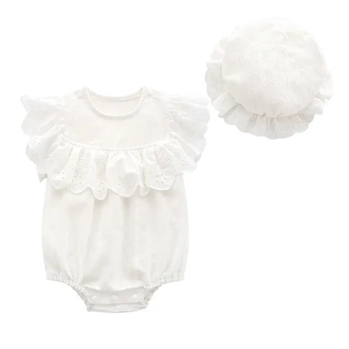 Одежда боди для новорожденных девочек, кружевные однотонные Комбинезоны и шапки, комплекты одежды, летние костюмы принцессы для маленьких девочек - Цвет: Белый