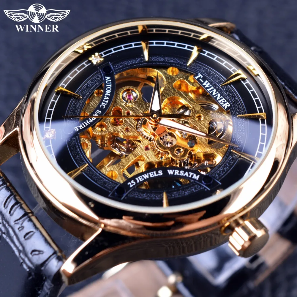 

Mens Automatic Wristwatch Pu Leather Sports Design Masculino Relogio Bezel Golden Watch Brand T-WINNER Luxury Montre Homme Saati