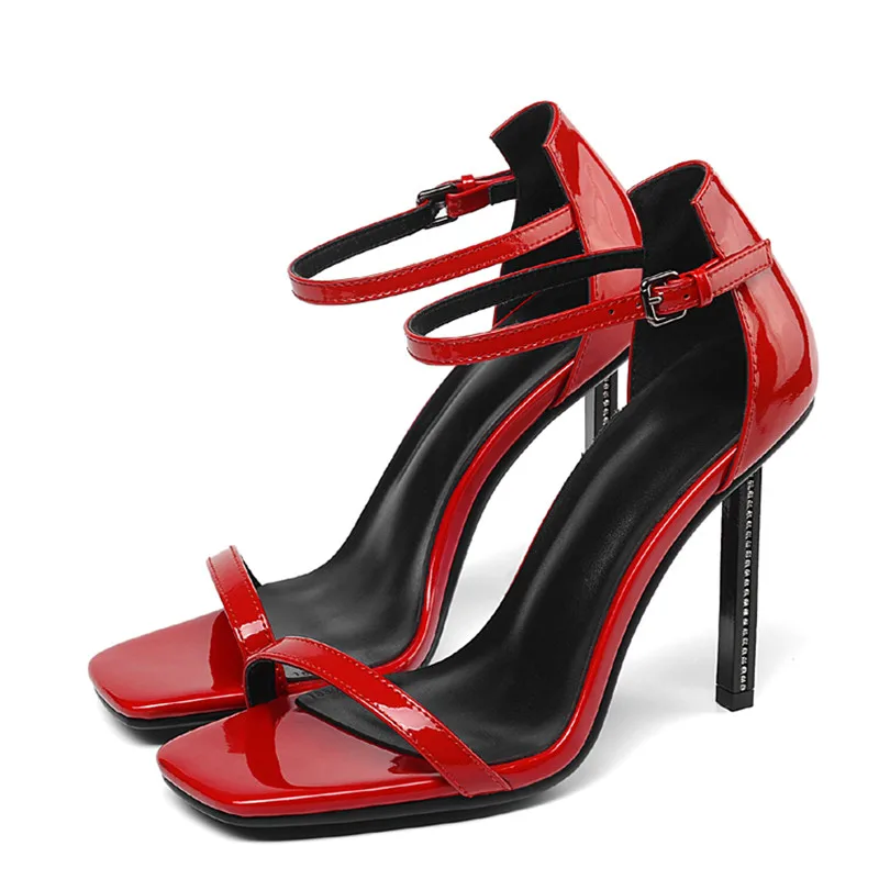Knsvvli/Новинка года, босоножки на высоком каблуке со стразами, женские туфли из лакированной кожи с открытым носком, женские пикантные туфли на тонком каблуке с ремешком на щиколотке и пряжкой - Цвет: red