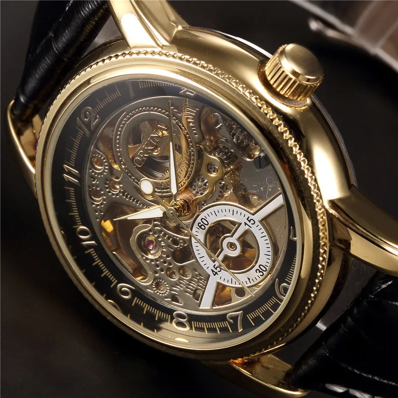 ORKINA часы для мужчин кожаный скелет часы классический ретро золотой чехол Relogio Мужской Masculino Механические автоматические часы