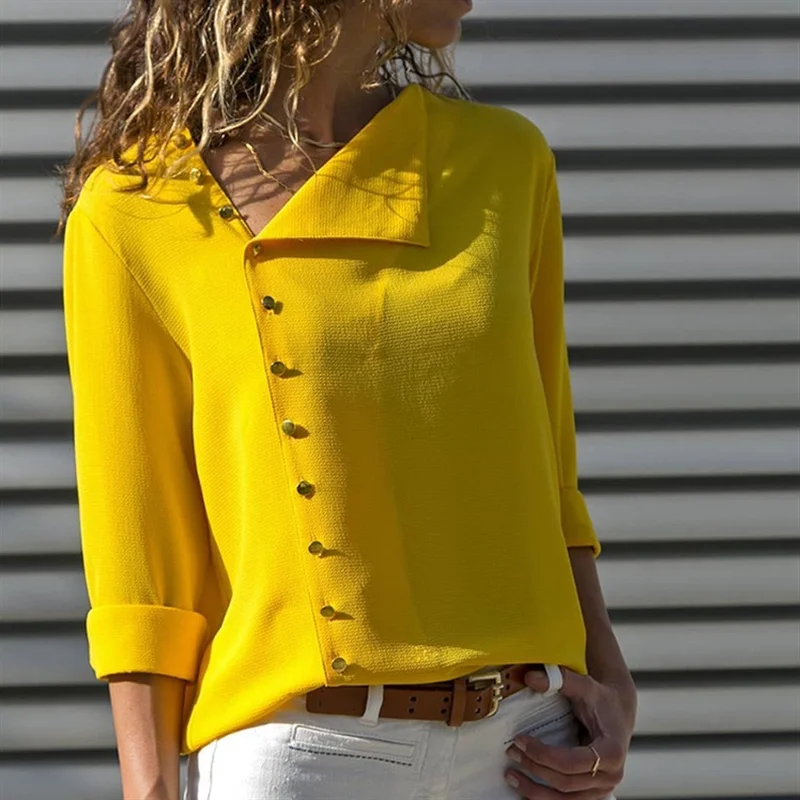 

7 Color Shirts Women Long Sleeve Skew Neck Irregular Loose Top Blouse Button Fashion Casual Ladies Clothing Female Shirt Fashion