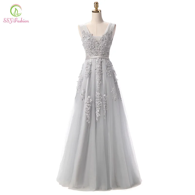 SSYFashion Hot Sell Sweet Light Blue Lace V-neck Lacing Long Evening Dress The Bride Party Sexy Backless Prom Dresses Custom dinner gown