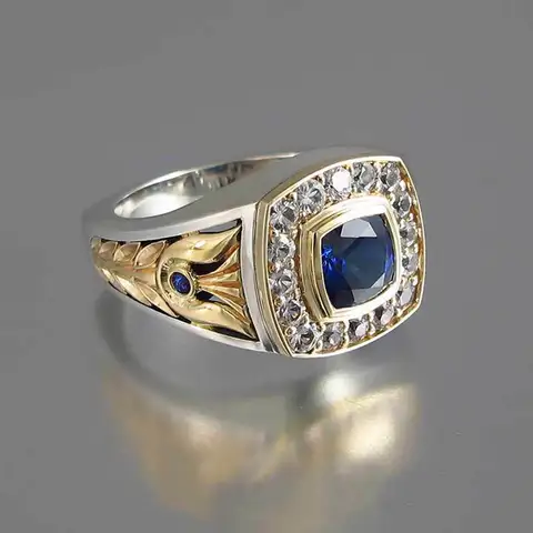 Square Men Ring Vintage Blue CZ With Micro Paved Business Style Men Ring Retro Design Wholesale Lots&Bulk With Size 6-10