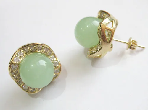 

Hot sell Noble- 2 colors wholesale fashion jewelry pretty 8mm round light green/green jade & crystal 18kgp earring #002 5.29
