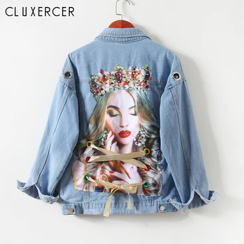 

Stteetwear Style Jeans Jacket Women 2020 Fashion Autumn Portrait Print Denim Jacket Casual Korean Beading Loose Veste Femme