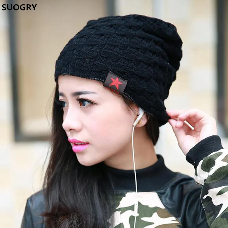 

2017 Fall Men Winter Hat Knitted Five Star Cap Hollow Double Wear Women Hats Unisex Beanie Keep Warm Woolen Hat