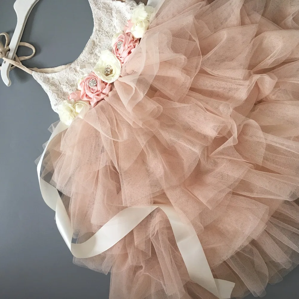 Мягкое длинное платье цвета шампанского с цветочным поясом, детское летнее платье, розовые платья на день рождения, 5 многослойных нарядных свадебных платьев