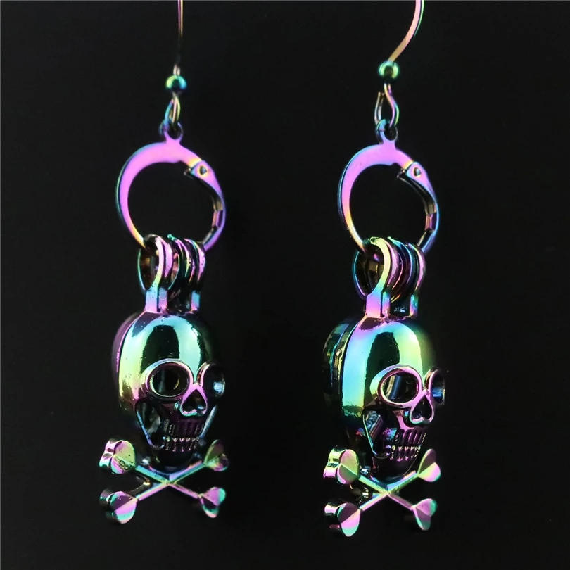 

R-CE214 Rainbow Drop Earrings Danger Skull Beads Pearl Cage Locket Perfume Aromatherapy Statement Dangle Earring for Women
