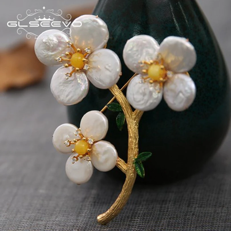 

GLSEEVO Natural Fresh Water Baroque Pearl Flower Brooch Pin Beeswax Brooches For Women Gifts Dual Use Luxury Fine Jewelry GO0219