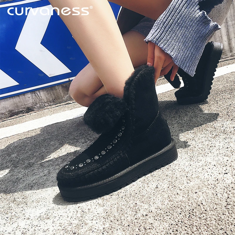 

Curvaness Female Snow Boots Winter Shearling Women Ankle Rivet Boots Platform Middle Heel Warm Wool Lining Slip On Women Shoes