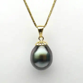 

Free Shipping Black Green Real Tahitian Sea Cultured Pearl Pendant 9K Yellow Gold 10.3*13.3mm