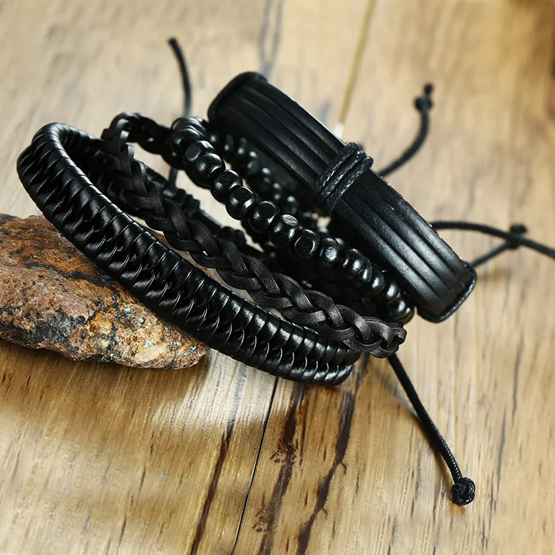 

4Pcs Lot Vintage Black Leather Friendship Bracelets Set For Male Bangle Braclet Braslet Man Pulseira Masculina Jewelry