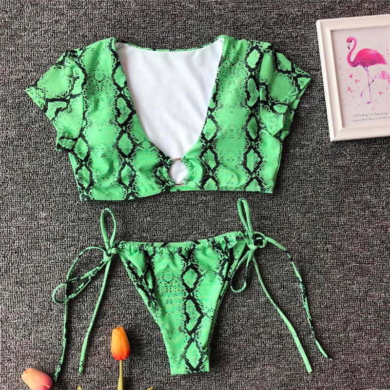 Женский купальник из двух частей флуоресцентный зеленый бикини пуш-ап Мягкий Купальник леопардовый Змеиный купальный костюм одежда для плавания пляжная одежда