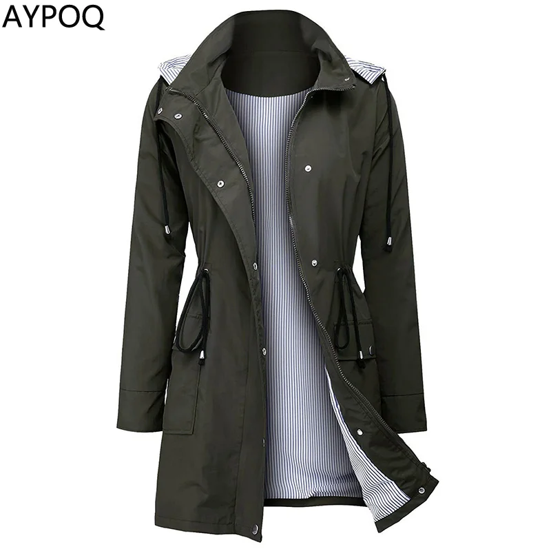 

AYPOQ Women Spring Autumn Hoodies Top Causal Windbreaker Medium Length Drawstring Hiking Lady Wind Coat Rain Zipper Outwear New