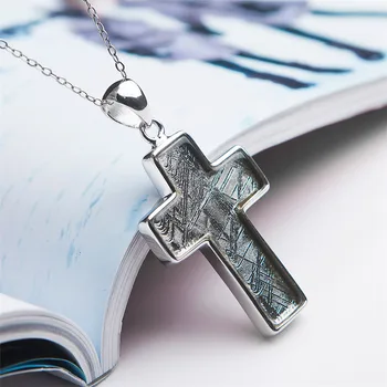 

Fashion Pendants Genuine Natural Gibeon Iron Meteorite Pendant Cross Shape Silver Fashion Woman Men Necklace Pendant 39*26mm