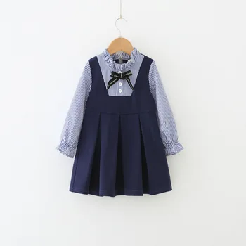

Girl Dress 2018 Autumn Girl Long Sleeve Dresses Baby Pleated A-line Dress Fake Two Pieces Striped Dress for Girls Baby Clothes