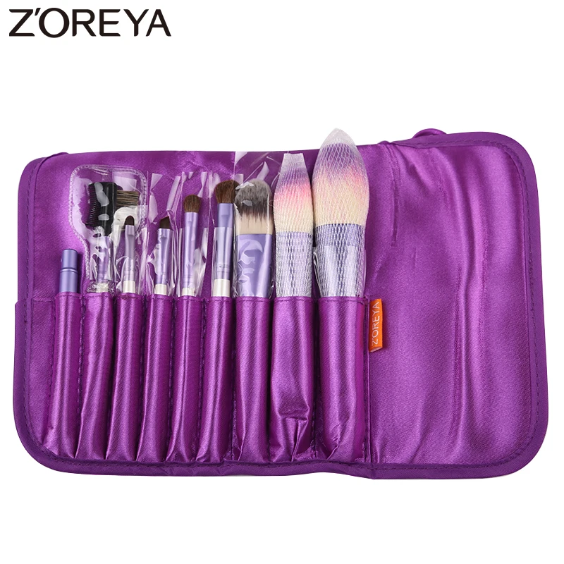 Бренд Zoreya, 9 шт., фиолетовый цвет, кисти для макияжа, натуральная козья шерсть, набор кистей для женщин, косметический инструмент, наборы кистей для пудры