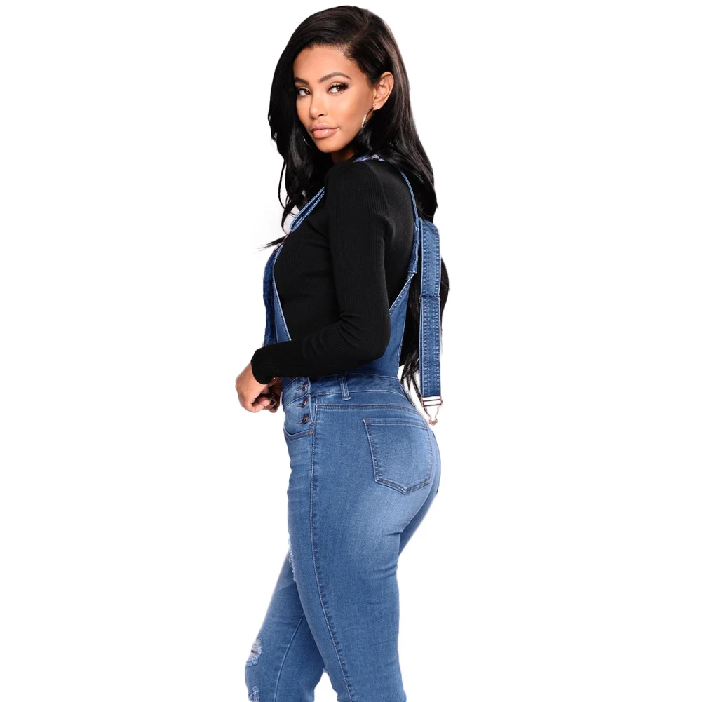 Women Denim Overalls Ripped Stretch Dungarees High Waist Long Jeans Pencil Pants Rompers 2018 New Jumpsuit Blue Jeans Jumpsuits