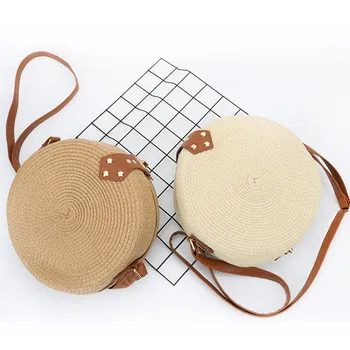

Retro Style Straw Woven Messenger Bag Makeup Storage Rattan Beautiful Round Shape Women Crossbody Storage Bag
