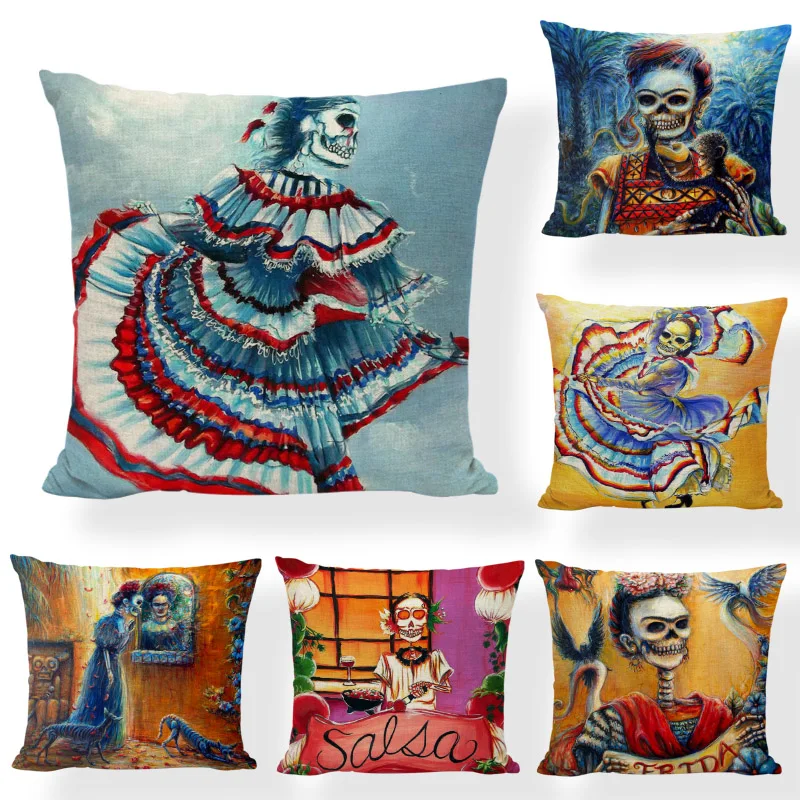 

Personalized Sugar Skull Cushion Covers Dancing Women Flower Printed Throw Pillows Case Home Decor Girls Car Beds Painted Gifts
