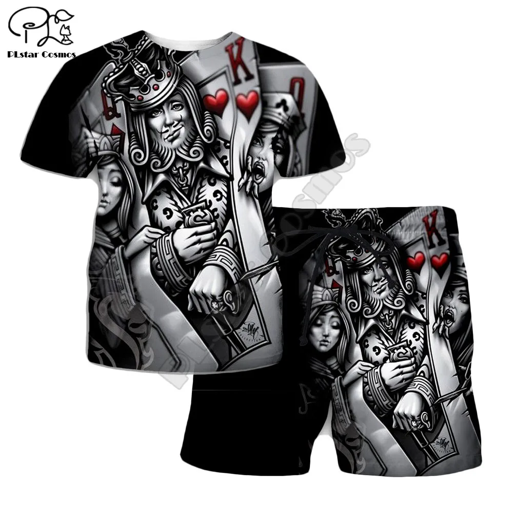 

PLstar Cosmos Summer T Shirts Printed skull poker Q&K 3D T-Shirt and shorts Mens for boy black Skull Suit Free shipping