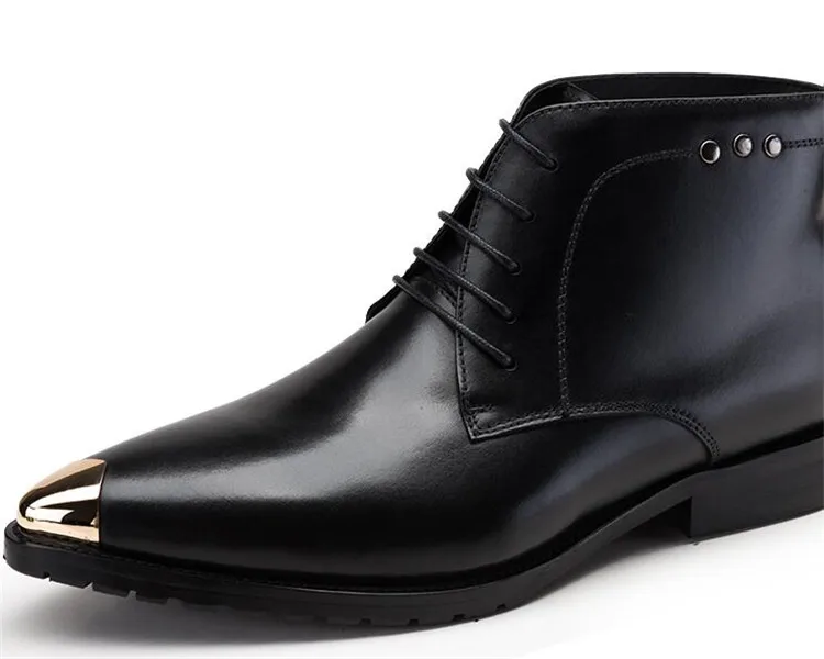 Личность британский стиль с острым носком на шнуровке из кожи с натуральным лицевым покрытием мужчин низкие сапоги один из металла сапоги железная голова обувь
