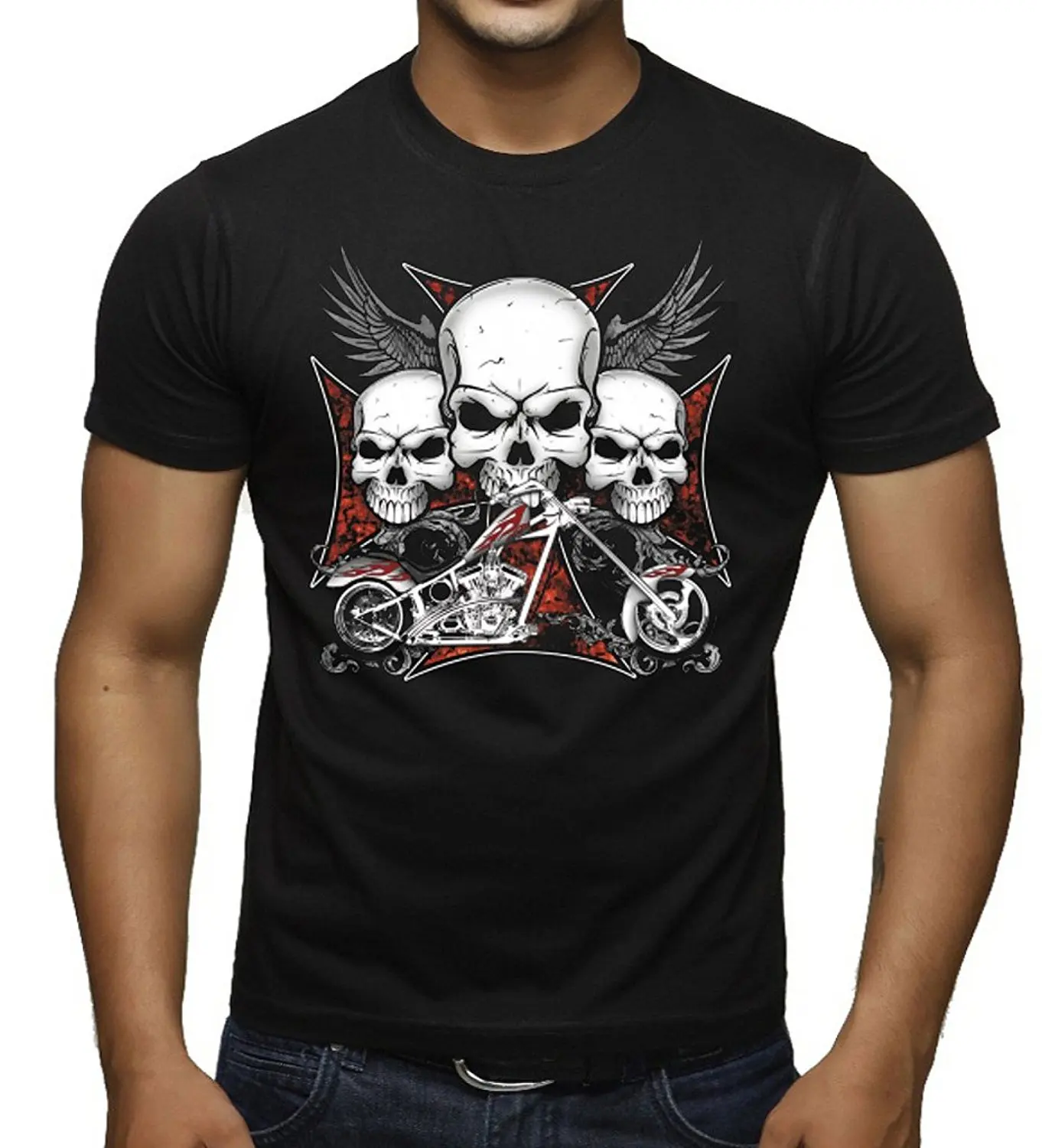 2019 New Summer Casual Men Tee Shirt Interstate Apparel Men's 3 Skull Chopper Biker Black T-Shirt |