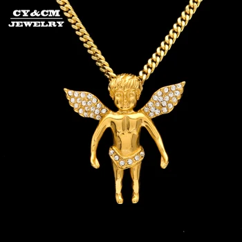 

CY&CM Hip Hop Cherub Pendant Necklace Stainless Steel Bling Gold Color Iced Out Rhinestone Angel Wing Men Women Pendant Jewelry