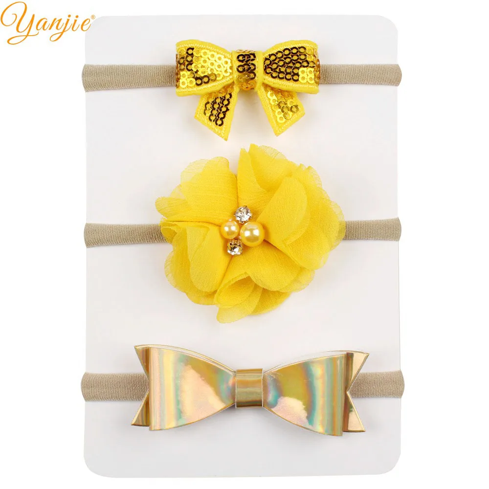 

3pcs/set Hot-sale Cute Leather Hair Bow Flower Elastic Girl Nylon Headband 2019 Vintage DIY Hair Accessories For Photo Headwrap